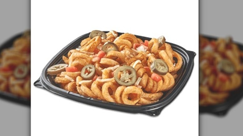 Sheetz Curly Fryz Platter, with shredded cheese, diced tomato, and jalapeños