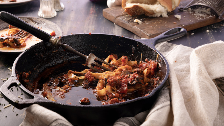 Leftover pasta in cast iron skillet