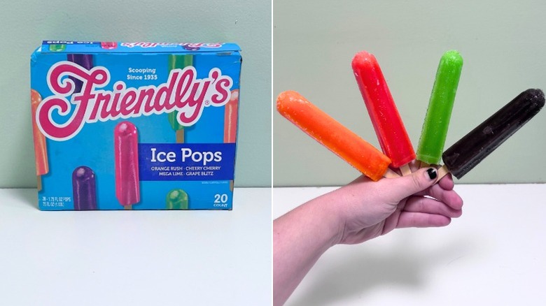 A box of Friendy's Ice Pops next to four popsicles