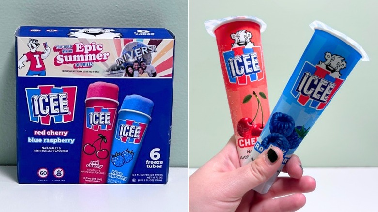 A box of Icee Freeze Tubes next to two freeze tubes