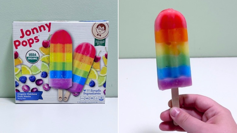 A box of Jonny Pops Organic Rainbow Fruit Stacks next to a popsicle