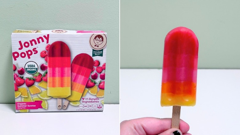 A box of Jonny Pops Organic Summer Sunrise next to a popsicle