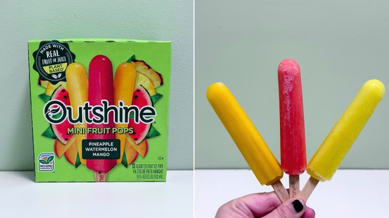 A box of Outshine Mini Fruit Pops next to three popsicles