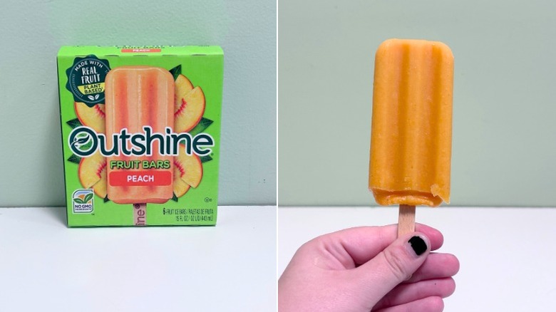A box of Outshine Peach Fruit Bars next to a popsicle
