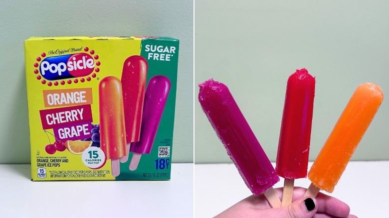A box of Popsicle Sugar Free Orange, Cherry, Grape next to three popsiclse