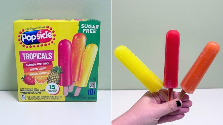 A box of Popsicle Sugar Free Tropicals next to three popsicles