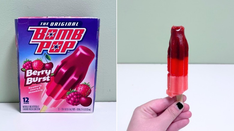 A box of The Original Bomb Pop Berry Burst next to a popsicle