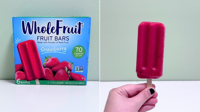 A box of Whole Fruit Strawberry Fruit Bars next to a frozen popsicle
