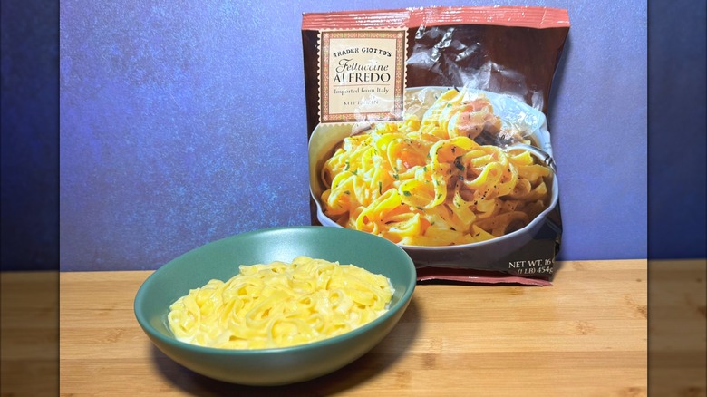 Trader Giotto's Fettuccine Alfredo in bowl and bag