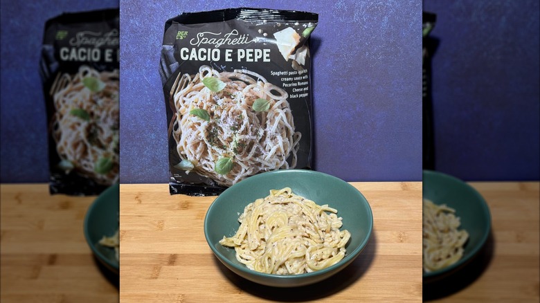 Trader Joe's Spaghetti Cacio e Pepe in bowl and bag