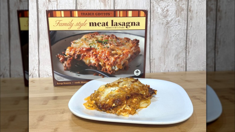 Trader Giotto's Family Style Meat Lasagna on plate and bag