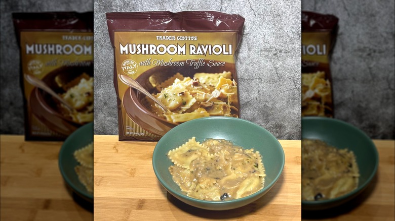Trader Giotto's Mushroom Ravioli with Mushroom Truffle Sauce in bowl and bag