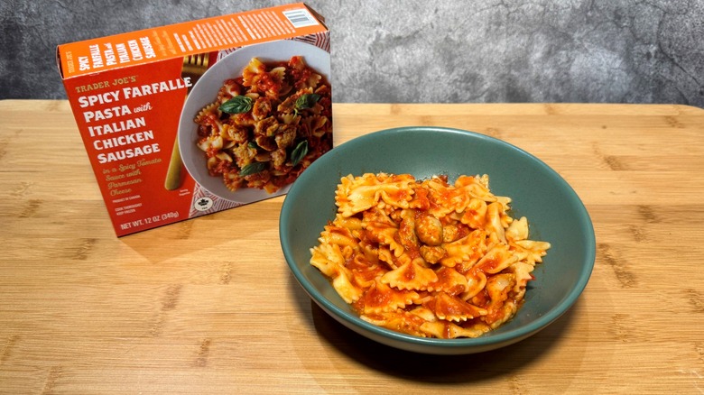 Trader Joe's Spicy Farfalle Pasta with Italian Chicken Sausage in bowl and bag