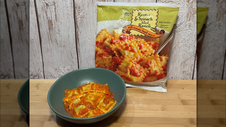 Trader Joe's Ricotta & Spinach Filled Ravioli in bowl and bag