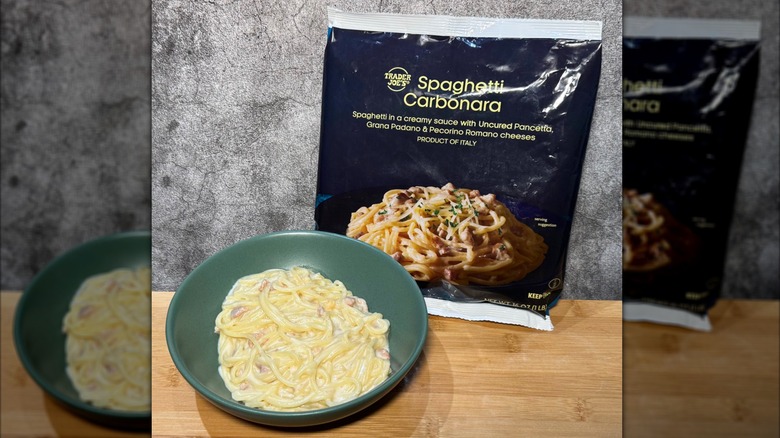 Trader Joe's Spaghetti Carbonara in bowl and bag