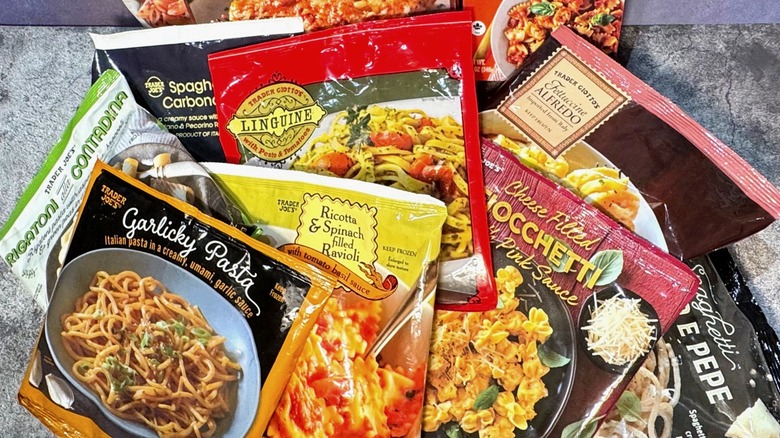 variety of Trader Joe's pasta packages