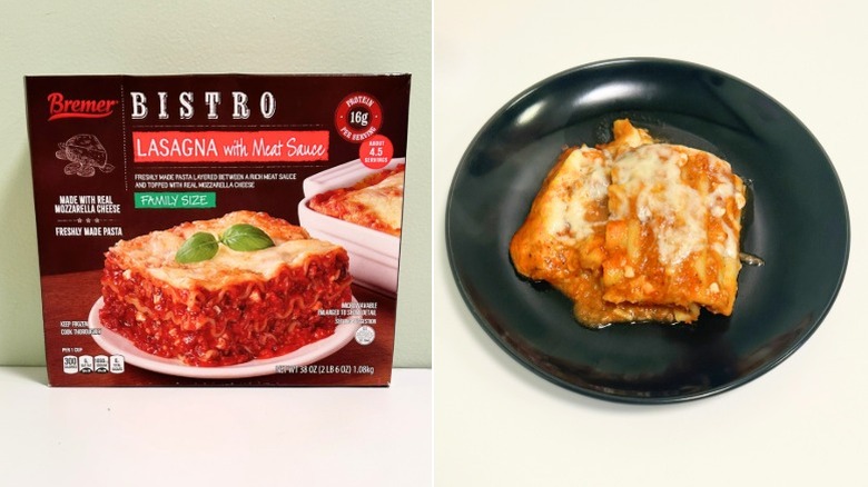 Box and plate of Bremer Bistro Lasagna with Meat Sauce