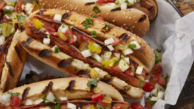 butterflied hot dogs with toppings