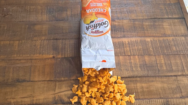 Cheddar Goldfish bag open on table