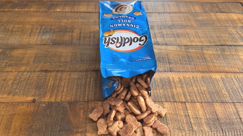 Cinnamon Roll Goldfish bag open on table