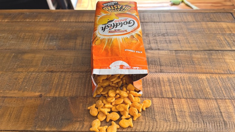 Flavor Blasted Goldfish bag open on table