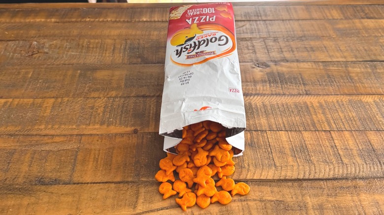 Pizza Goldfish bag open on table