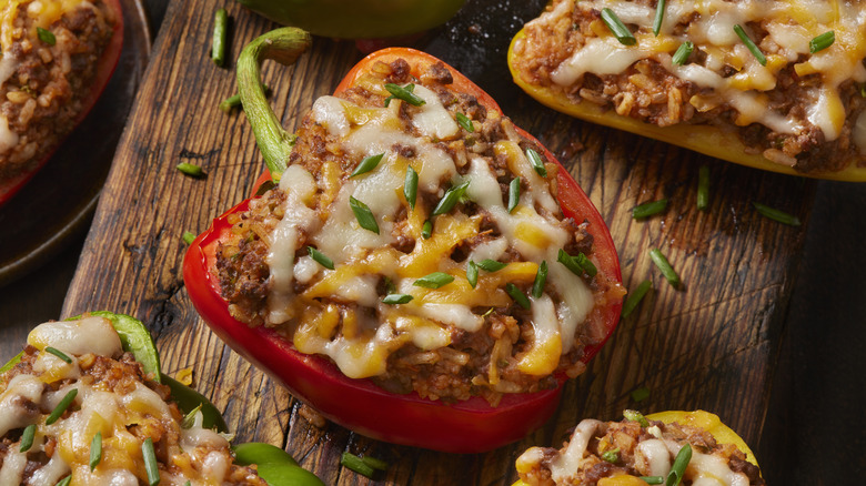 Stuffed peppers on cutting board