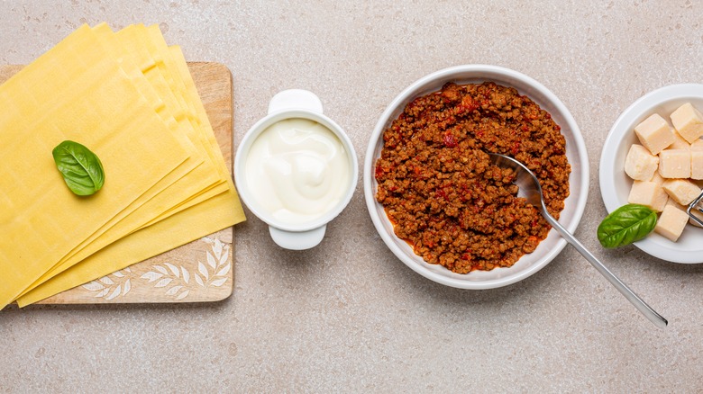 Lasagna ingredients on table