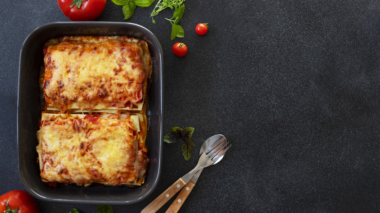 Lasagna in pan on counter
