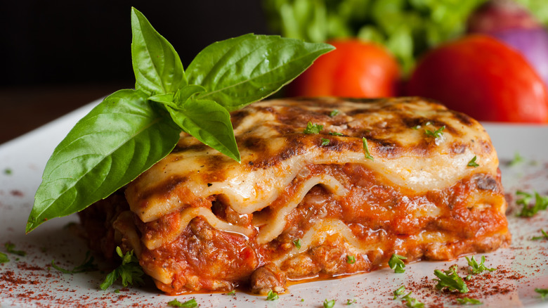 Piece of lasagna on plate