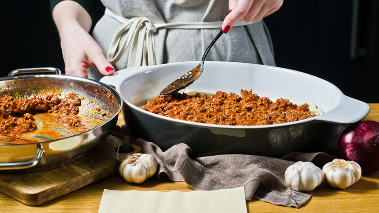 Browned meat in pan