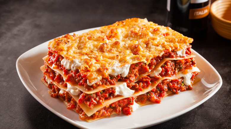 Piece of lasagna on plate