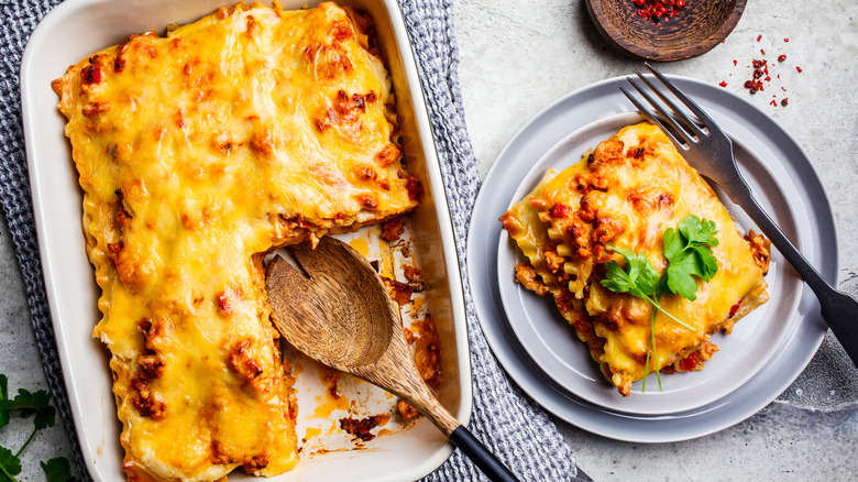 Cheesy lasagna in dish