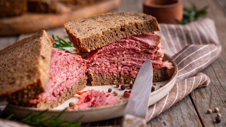 A plain pastami sandwich stacked high on rye bread