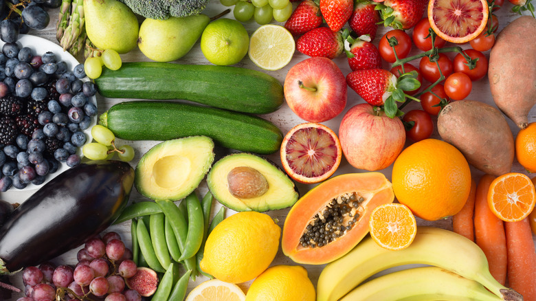 Overhead view of various fruits