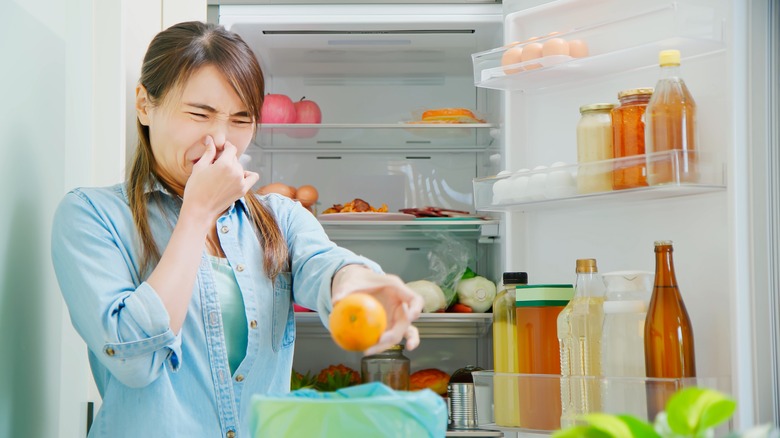 Person pulling spoiled food from fridge