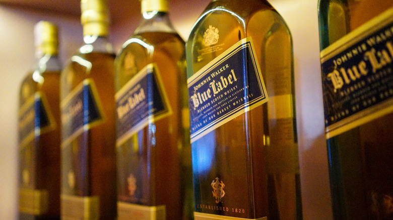 A store display of Johnnie Walker blue label whisky bottles