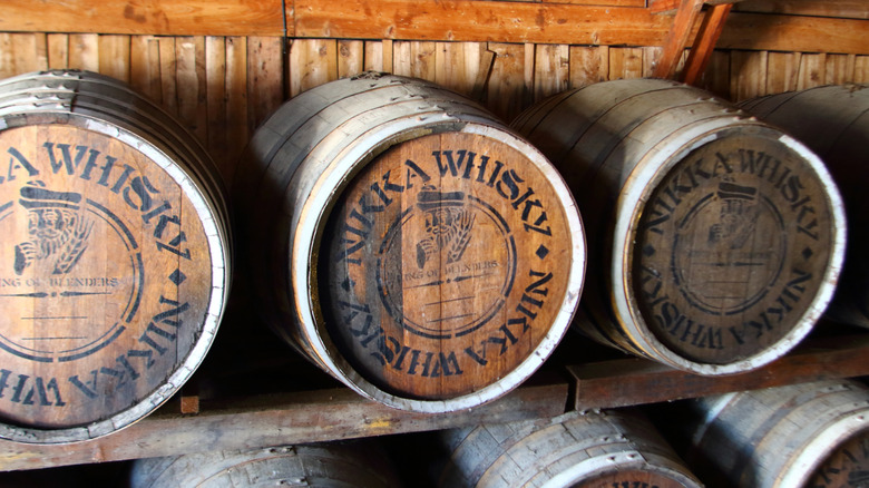 A display of Nikka whisky barrels