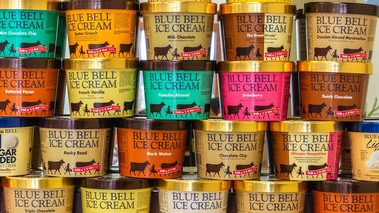 several stacked cartons of Blue Bell ice cream