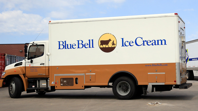 Blue Bell ice cream delivery truck viewed in profile