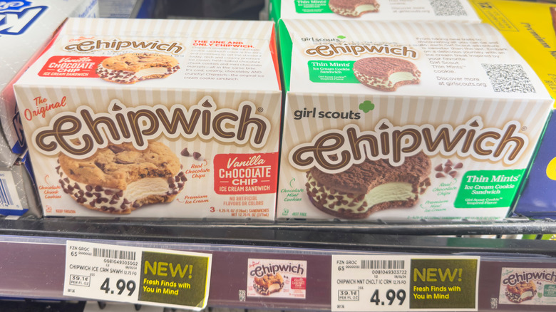 Chipwich ice cream cookie sandwiches on the shelf at a grocery store
