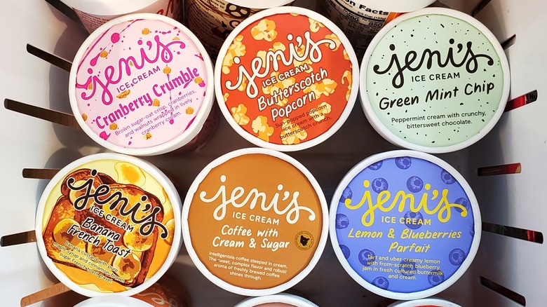 several pint containers of Jeni's ice cream in different flavors