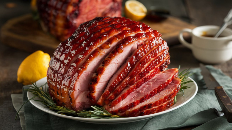 A large glazed ham on a plate with rosemary and lemons surrounding it