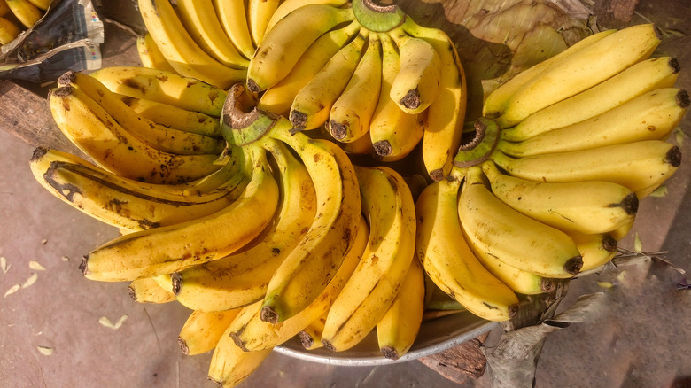 bunches of yellow bananas in a bowl against neutral background