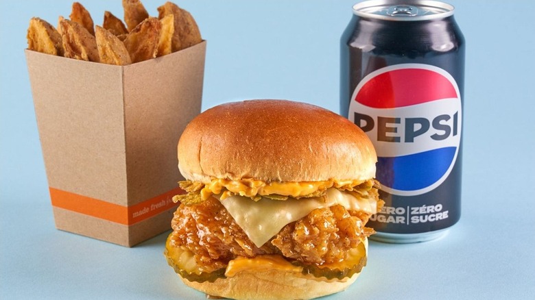 Hot honey chicken sandwich from Mary Brown's Chicken with fries and Pepsi