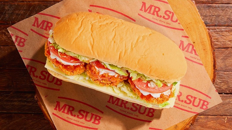 Spicy boneless chicken wing sub from Mr. Sub on papers