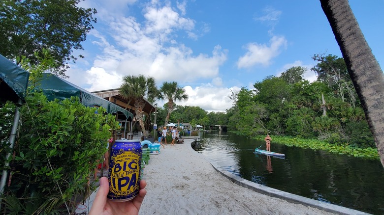 Person holding beer near river