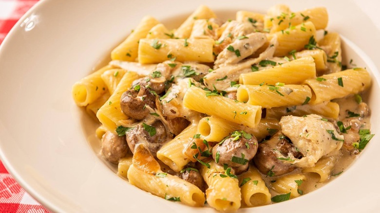 White dish of rigatoni