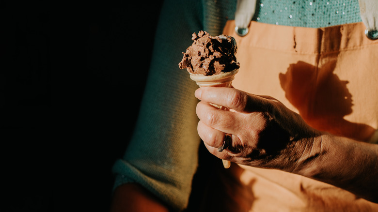 Hand holding a chocolate ice cream cone