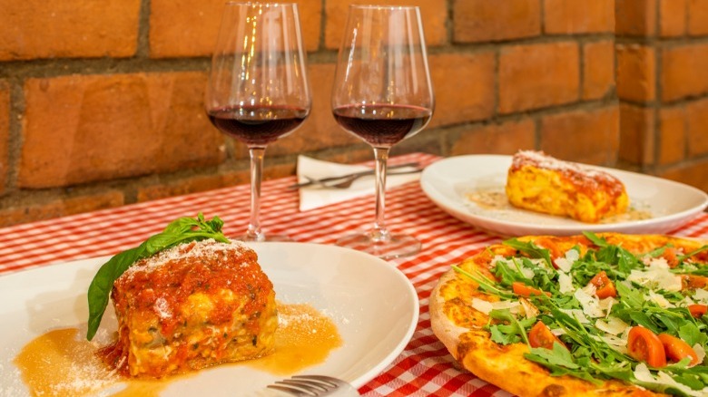 Red checkered tablecloth, Italian food